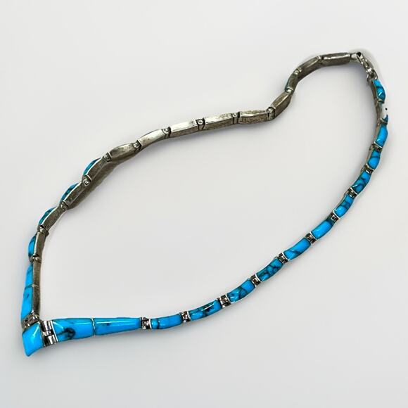 VTG Taxco Sterling Silver 950 Turquoise Inlay Hinged Panel Collar Necklace 22.7g - Picture 5 of 16